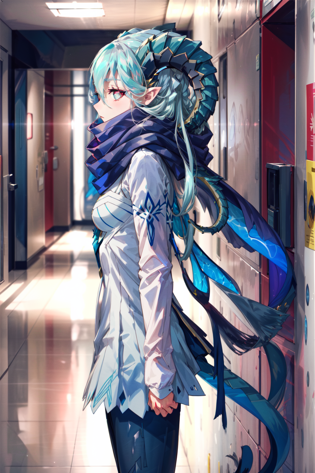 masterpiece,best quality,1girl,tiamat \(fate\),SecLarva,2ndClothing,sleeves past wrists,pantyhose,scarf,expressionless,loo...